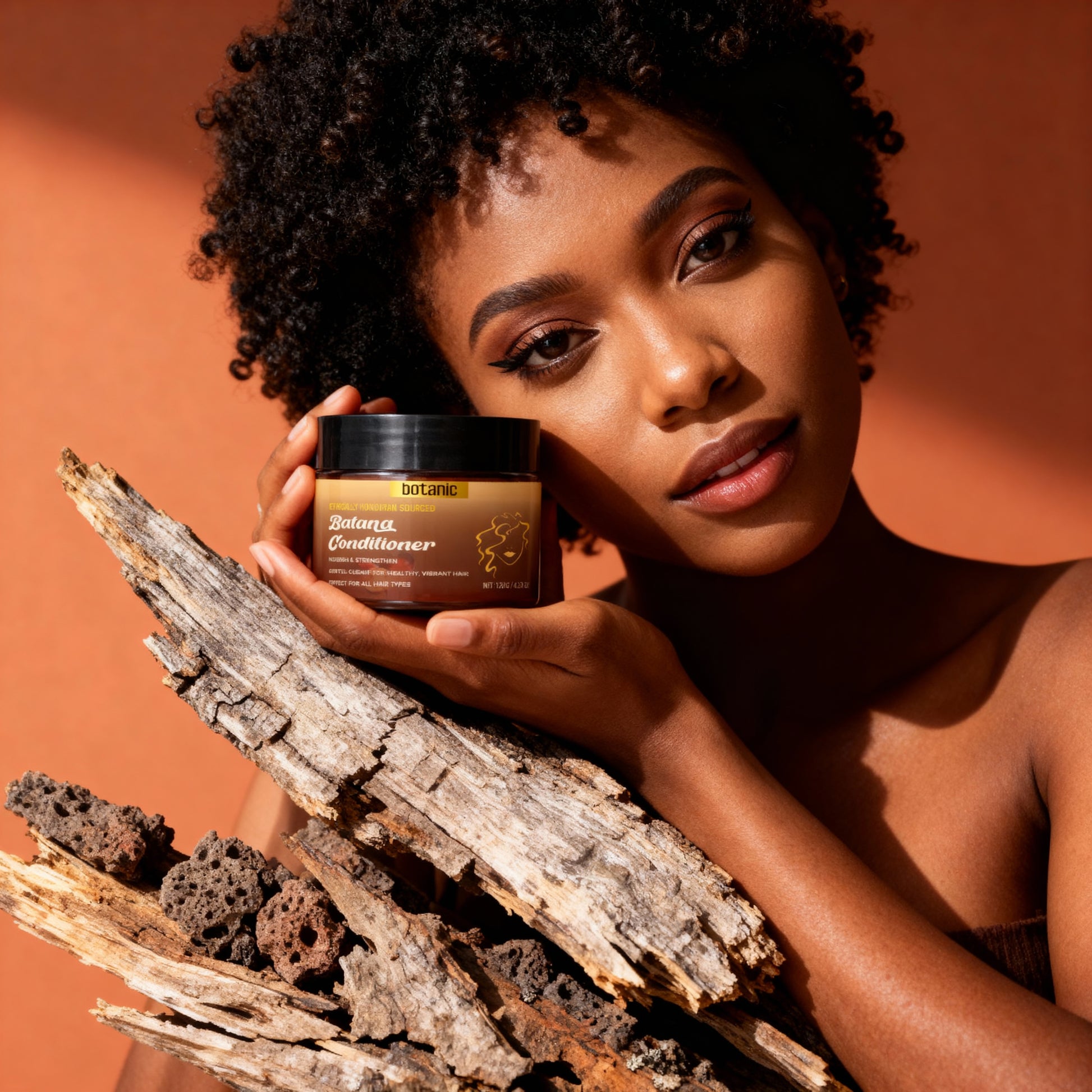 Woman holding a jar of 'Babyliss' product against an orange background