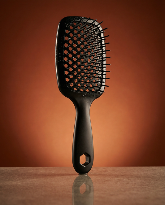 Black hairbrush on a reflective surface with a brown background