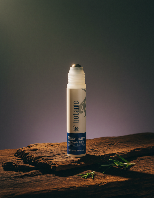 Roll-on bottle of 'botanic' on a dark background